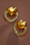 Gold heart stud earrings with rhinestone crystal border – front view